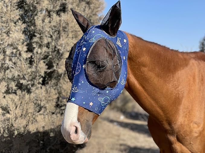 Horse Fly Mask Super Comfort Horse Fly Mask Elasticity Fly Mask with Ears We Only Make Products That Horses Like… (Midnight Blue, L)