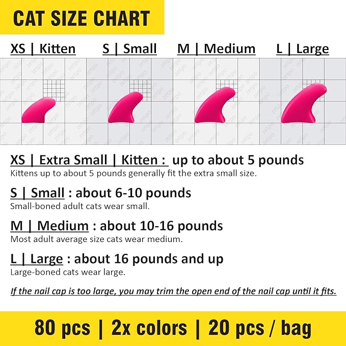 zetpo 80 pcs Cat Claw Covers | Cat Nail Caps | with Adhesives and Applicators (M, Red, White)