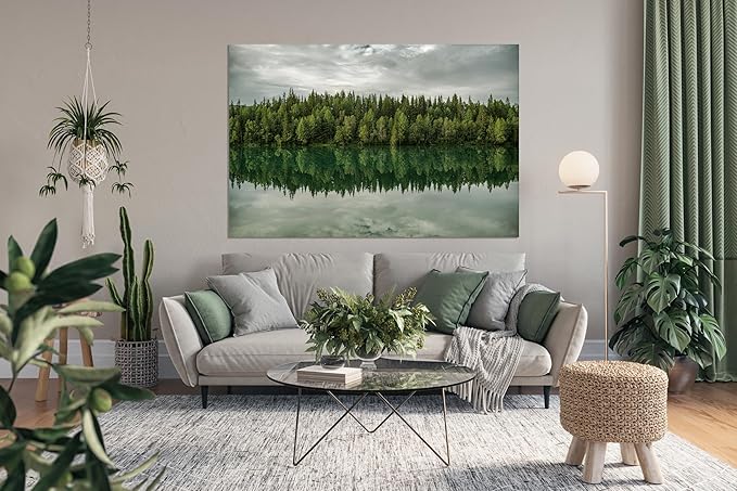Nature Wall Art Prints - Ocean Forest Mountain Lake Canvas Landscapes - Small to Extra Large Living Room Bedroom Kitchen Bathroom Décor (Forest Reflection, 35L" x 53W")