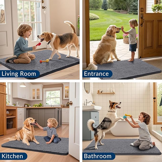 Smiry Dog Door Mat for Muddy Paws 47x32, Absorbs Moisture and Dirt Doormat, Non-Slip Washable Quick Dry Chenille Front Door Mat Indoor Entrance, Entryway Carpet for Inside Floor, Dark Grey