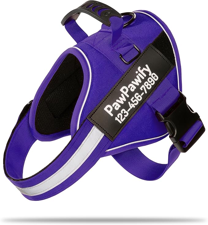 PawPawify Custom No Pull Dog Harness with Name and Phone Number, Heavy Duty Personalized Pet Vest to Prevent Tugging, Pulling, or Choking, Training and Walking (New Purple, S (10-19LBS))