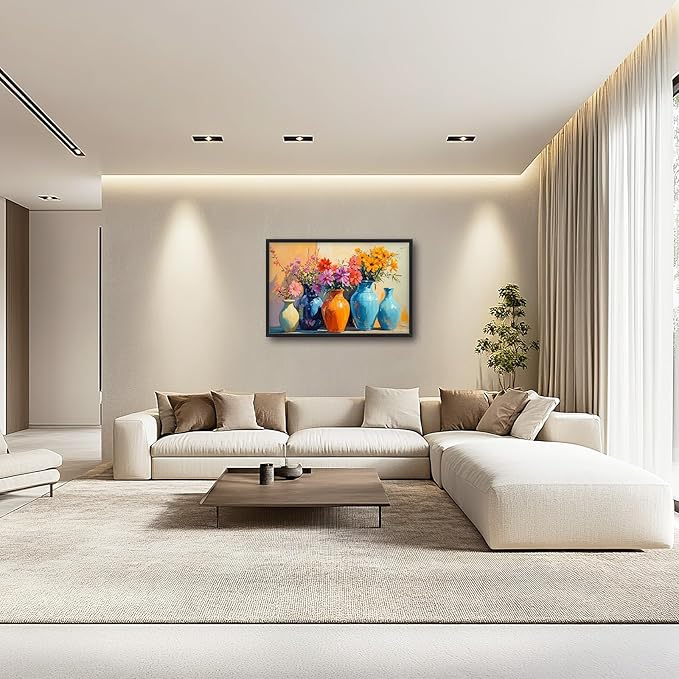 Large Colorful Floral Wall Art for Living Room, Framed Oversized Asian Flower Vase Decor Canvas Painting Sunlight Pictures Modern Artwork for Bathroom Bedroom Office Dining Room 36"x24"