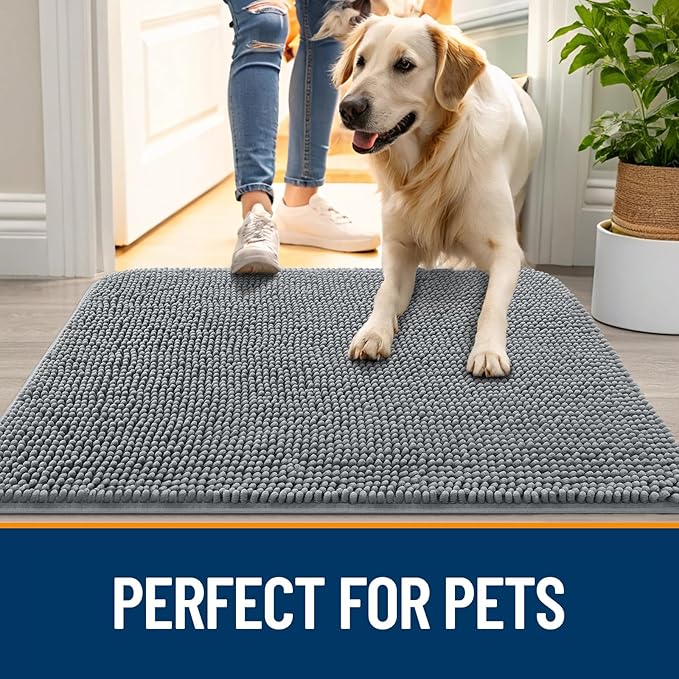 OLANLY Dog Door Mat for Muddy Paws 70x35, Absorbs Moisture and Dirt, Absorbent Non-Slip Washable Doormat, Quick Dry Chenille Mud Mat for Dogs, Entry Indoor Entryway Carpet for Inside Floor, Grey