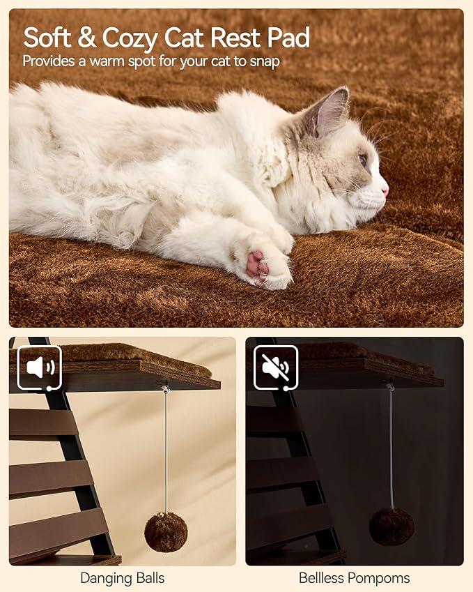FourFurPets 72.4" Modern Cat Tower for Indoor Cats - Multi-Level Condo With Caves, Tall Tree With Scratching Board, Wooden Tower With Large Perch, Removable Pads, Rustic Brown