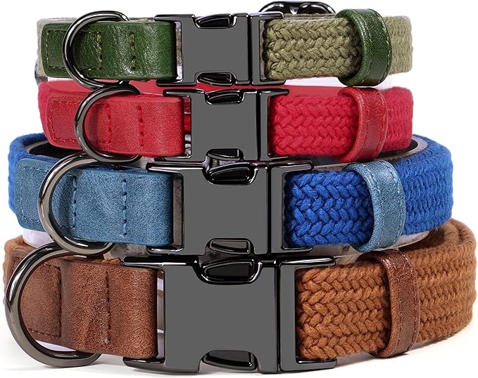 PET ARTIST Soft Cotton Dog Collar for Large Dogs in Stylish Green, Simple Dog Collar with Quick Release Metal Buckle & D Ring, L Size (15-23")
