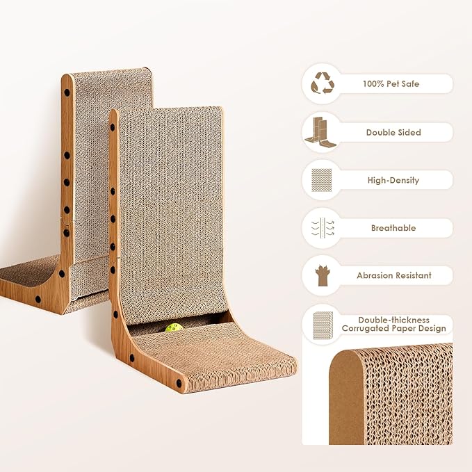 EHEYCIGA Cardboard Cat Scratcher for Indoor Cats, 26.8 Inch L Shaped Vertical Cat Scratching Board with Ball Cat Toy, Large Cat Scratcher Pad, Brown