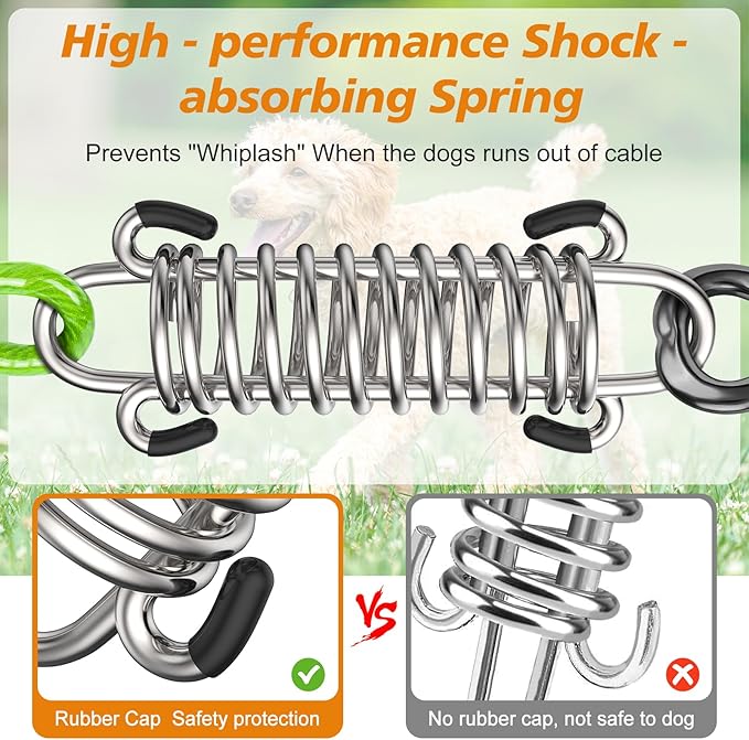 Tresbro 20 FT Dog Tie Out Cable with Spring, Shock Absorbing Tether Chains for Outside Aavilable in 10/15/20/25/30/40/50/70/100/120 FT, Heavy Duty Leads for Yard for Medium & Large Dogs Up to 500 LBS