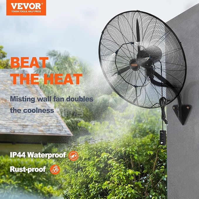 VEVOR 30 Inch Wall-Mount Misting Fan, 3-speed IP44 Waterproof Oscillating, Max. 9500 CFM Wall Mounted Fan for Outdoor, Commercial, Residential, Greenhouse, Workshop, Patio, Black, ETL Listed