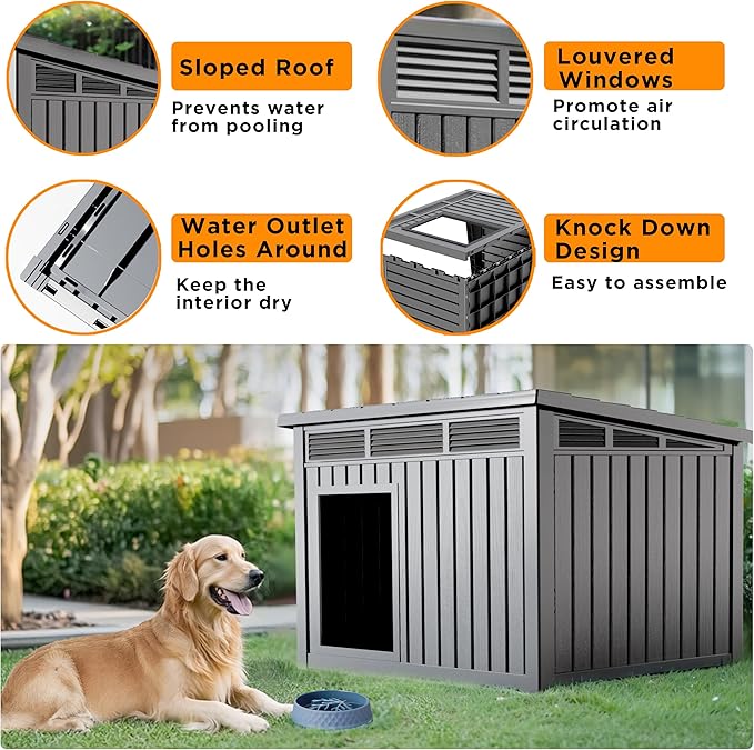VIXZEN Dog House Indoor Outdoor,Waterproof Dog House for Small to Large Dogs,Doghouse with Air Vents and Elevated Floor,Openable at The Top,Easy to Assemble and Clean,Gray,42.87"×32.95"×31.61"