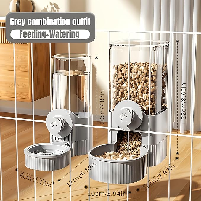 GPY Automatic Hanging Gravity Pet Feeder and Water Dispenser Set ，Automatic Dog Feeder and Dog Water Dispenser for Dogs Cats Pets Animals Large Capacity (Blue Water Feeder&Food Feeder) (Grey)