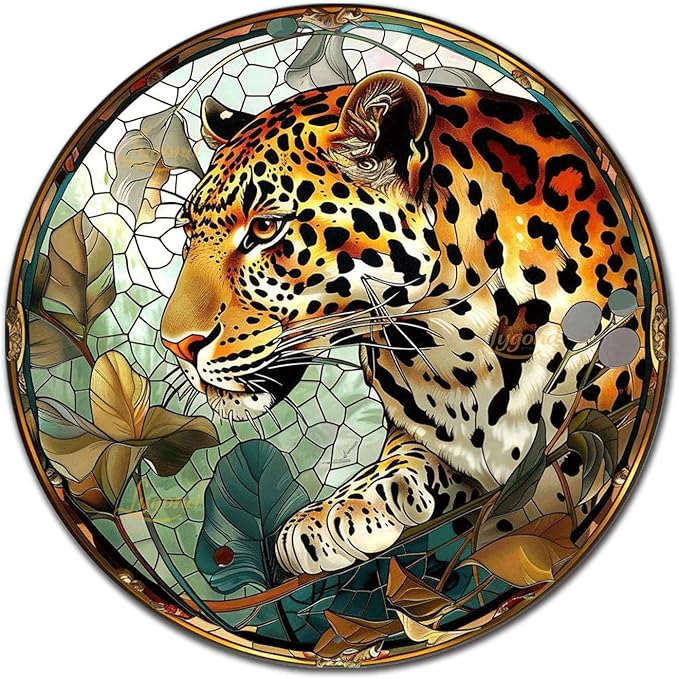 Lygond Metal Sign Tin Sign Circular Stained Glass Leopard Vintage Metal Sign for Gift 12×12 Inches
