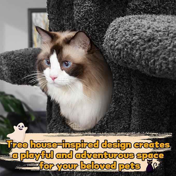 Super Large Cat Tree for Indoor Cats, All-in-One Tall Cats Tower with Scratching Post, Luxury Multi-Level Solid Wood Cat Condo for Multi-Cat Families (Black)