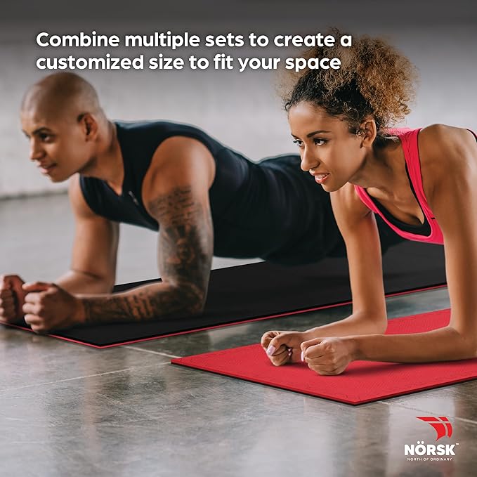 Norsk Reversible Gym Exercise Mats 3/4" Thick EVA Interlocking Foam Tiles, Perfect Home Gym Flooring, 24 Tiles & 48 Trim Pieces, 96 Sq. Ft. Reversible, Red/Black
