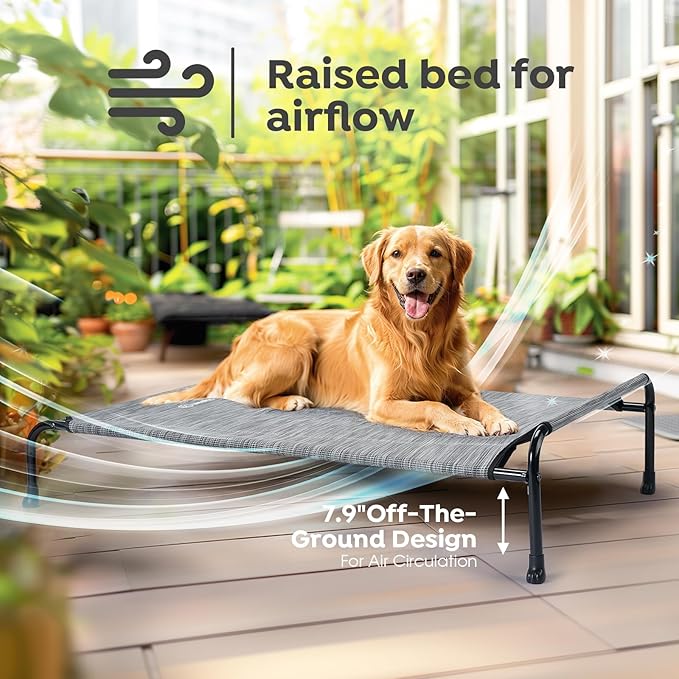 Veehoo XXXL Original Elevated Dog Bed - Outdoor Raised Dog Cots Beds for Large Dogs, One-Sided Extra Large Raised Cooling Pet Bed Off Ground, Non-Slip & Breathable, Black Silver 53"L x 33"W x 7.9"Th