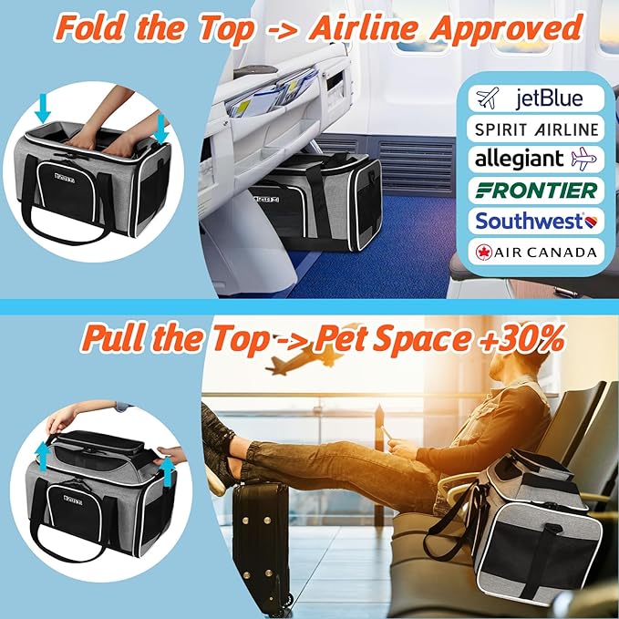Petskd Top-Expandable Pet Carrier 17x12x8.5 Inches JetBlue Allegiant Spirit Airline Approved, Soft-Sided Carrier for Small Cats and Dogs with Locking Safety Zippers and Anti-Scratch Mesh(Grey)
