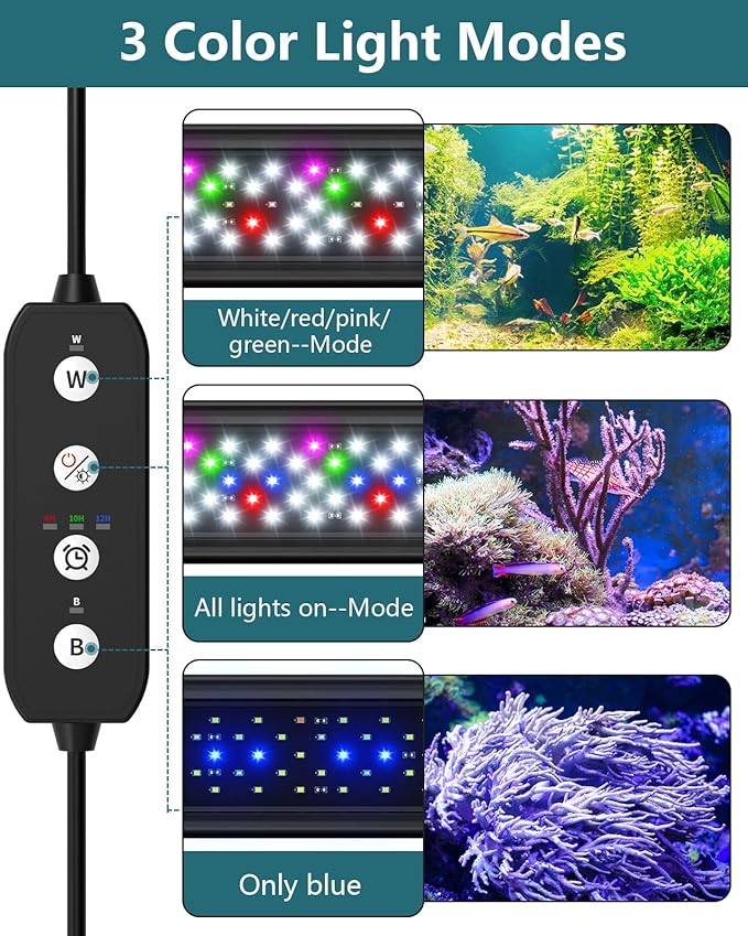 Led Aquarium Light for Plants-Full Spectrum Fish Tank Light with Timer Auto On/Off, 24-30 Inch, Adjustable Brightness, White Blue Red Green Pink LEDs with Extendable Brackets for Freshwater