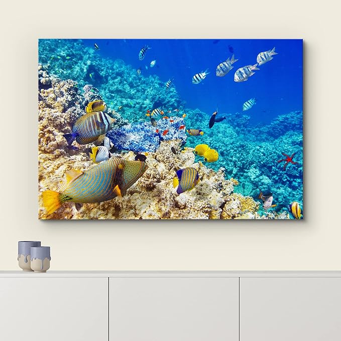 wall26 Canvas Print Wall Art Underwater Neon Blue Teal Ocean Water Fish Nature Animals Photography Realism Rustic Scenic Landscape Wilderness Earth for Living Room, Bedroom, Office - 24"x36"