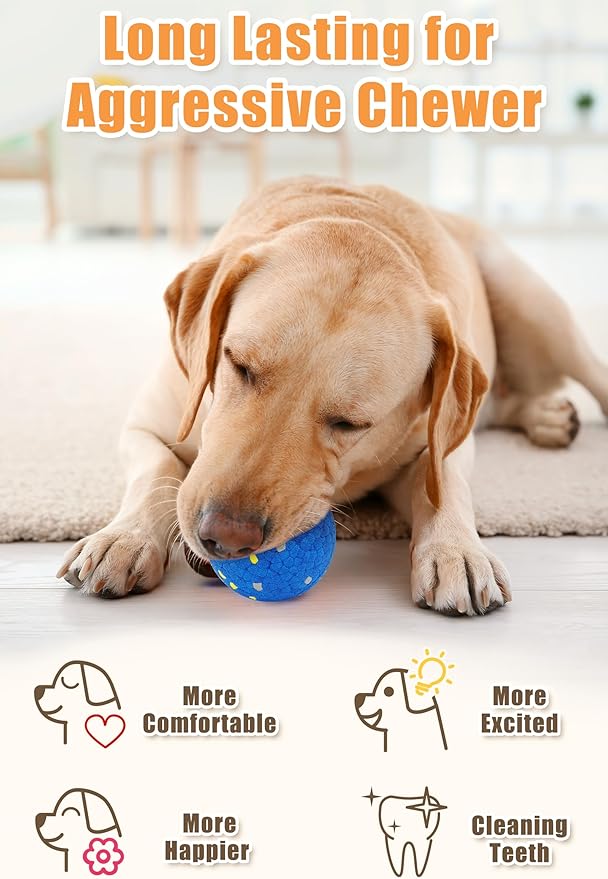 Dog Tennis Balls for Aggressive Chewers, Indestructible Durable Bouncy Interactive Toy for Dogs Fetch Game Lightweight Floating Outdoor Training(2 Yellow Point+ 2 Blue Cirle Medium)