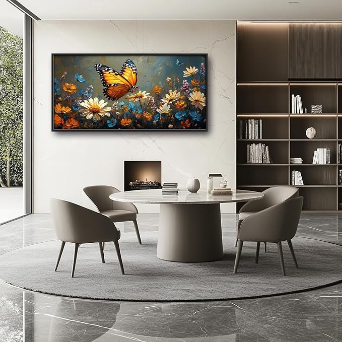 Large Butterfly Daisy Wall Art for Living Room, Floral Landscape Canvas Oversized Wall Decor, Flower Scenery Aesthetics Framed Pictures Painting Print Artwork for Bedroom Office 60"L x 30"W