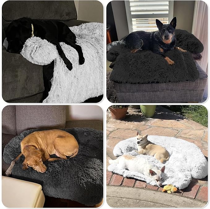 Calming Dog Bed Fluffy Plush Dog Mat for Furniture Protector with Removable Washable Cover for Large Medium Small Dogs and Cats (Medium, Light Grey)