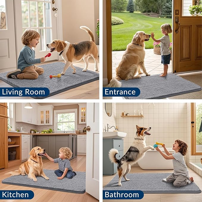 Smiry Dog Door Mat for Muddy Paws 30x17, Absorbs Moisture and Dirt Doormat, Non-Slip Washable Quick Dry Chenille Front Door Mat Indoor Entrance, Entryway Carpet for Inside Floor, Grey