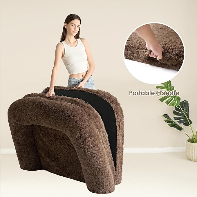 EHEYCIGA Foldable XXL Dog Bed, Faux Fur Fluffy Pet Couch Bed for Extra Large Dogs, Orthopedic Calming Memory Foam Big Pet Bed, Washable Soft Pet Sofa Bed with Non-Slip Bottom, Brown, 54"x38"x7.5"