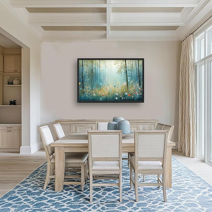 Large Forest Tree Wall Art for Living Room, Framed Oversized Wildflowers Wall Decor, Foggy Landscape Canvas Painting Modern Artwork Home Decoration for Dining Room Bedroom Office 36"x24"
