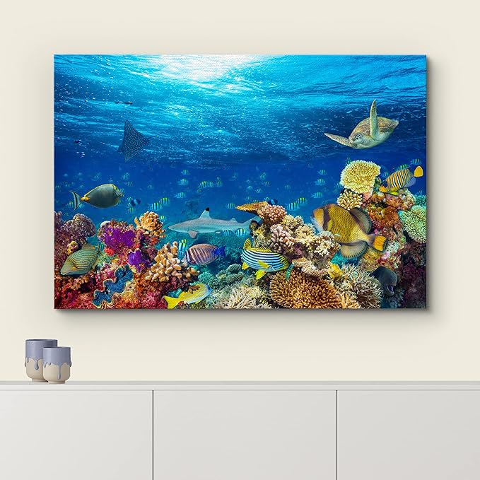 wall26 Canvas Print Wall Art Vibrant Sunshine Ray Coral Reef Turtle Fish Nature Animals Photography Realism Rustic Scenic Landscape Wilderness Colorful for Living Room, Bedroom, Office - 24"x36"