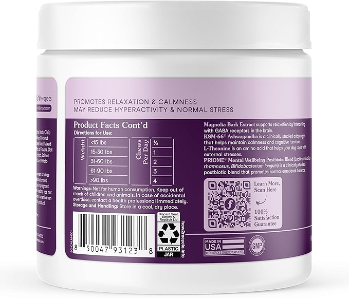 Fera Pets Dog Calming Chews with Ashwagandha & Priome® Mental Wellbeing Postbiotic Blend - Supports Anxiety Relief - Promotes Relaxation - 90 Soft Chews
