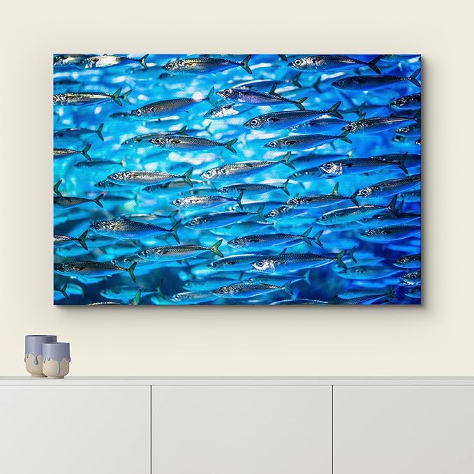 wall26 Canvas Print Wall Art Close Up Sardine School of Fish Underwater Nature Animals Photography Realism Rustic Scenic Landscape Wilderness Earth for Living Room, Bedroom, Office - 32"x48"