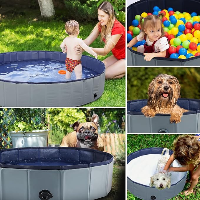 Foldable Dog Bath Swimming Pool Plastic Kiddie Pool Professional Tub Collapsible Grooming Bathtub for Pets Kids Baby and Toddler, 48 x 12 Inches Gray