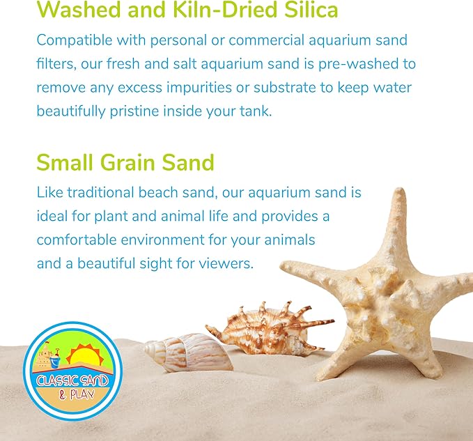 CLASSIC SAND & PLAY Natural Aquarium Sand for Freshwater and Saltwater Tanks, 20 lb. Bag, Improves Filter Life and Filtration Process, Pre-Washed Fine Sand, Green