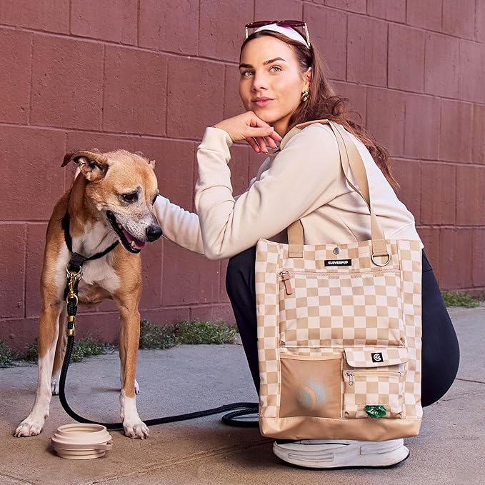 Park Pack 2-Piece Set Dog Gear Tote – Dog Travel Bag with 8 Pockets, Treat Pouch, Poop Bag Dispenser, Quick-Dry Ball Pocket, Collapsible Bowl, Perfect for Walks & Park Trips, Checkerboard