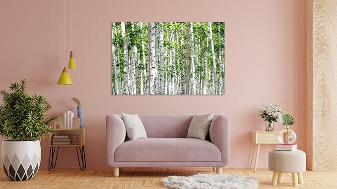 Nature Wall Art Prints - Ocean Forest Mountain Lake Canvas Landscapes - Small to Extra Large Living Room Bedroom Kitchen Bathroom Décor (Green Brich Trees, 55L" x 83W"- 3 Panels)