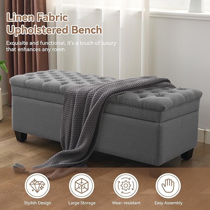 51" Fabric Storage Ottoman Bench, Upholstered Rectangle End of Bed Storage Ottoman Tufted Living Room Bedroom Bench with Safety Hinge, Solid Wood Legs, Loads 500 lb(Dark Grey)
