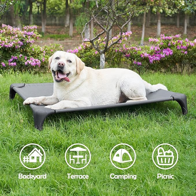 Outdoor Elevated Bed for Large Medium Dogs, Easy to Assemble With Portable Bag, Raised Cot With Pet-Friendly Feet, Breathable Mesh for Camping or Travel, Dark Grey