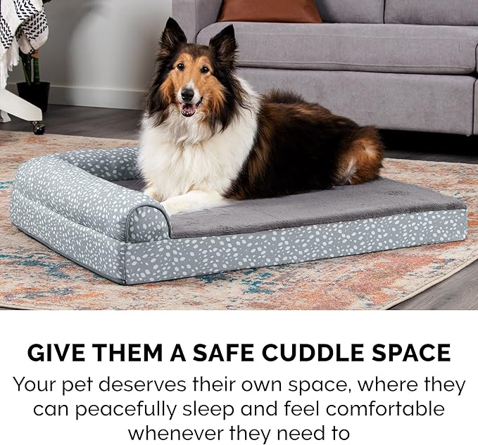 FurHaven Supportive Cooling Memory Foam L Chaise Dog Bed with Washable & Removable Cover - Plush & Almond Print - Gray Almonds, Dogs Up to 35 lbs - Medium