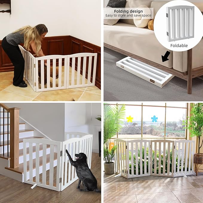 ZJSF Foldable Freestanding Indoor Dog Gate for House Wood White Long Pet Gates Dog Fence for Stairs Puppy Gates for Hallways,Pet Fence, Puppy Gate,Support Feet Included 32 "Height-3 Panels
