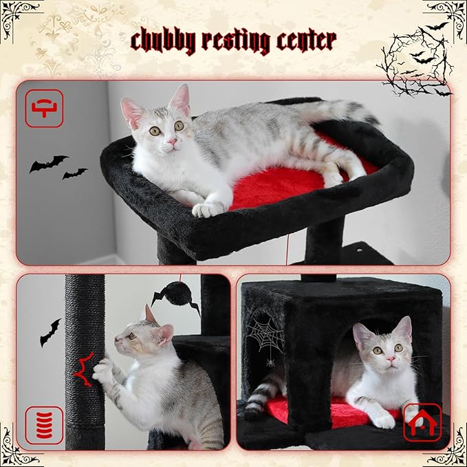 PETEPELA 56.3" Gothic Cat Tree for Indoor Cats, Tall Cat Tower with Super Large Hammock (20"X16"), Sisal Covered Scratching Posts, Cozy Condo and Top Perch Black