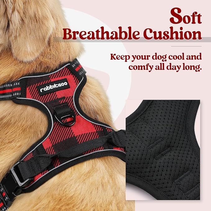 rabbitgoo Dog Harness No Pull with 2 Leash Clips, Adjustable Soft Padded, Reflective Oxford No Choke Pet Vest with Easy Control Handle for Small Dogs, Red Plaid, S