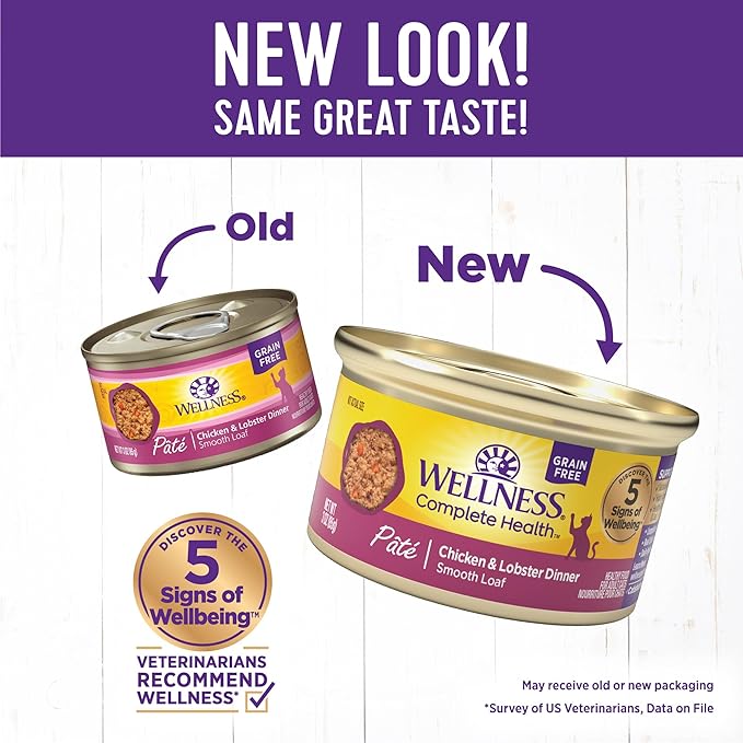 Wellness Complete Health Pate Adult Wet Cat Food, Natural, Protein-Rich, Grain Free, 3 Ounce, 24 Pack, (Chicken & Lobster)