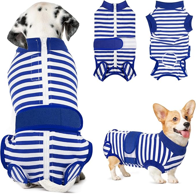 Lukovee Recovery Suit for Dogs - Zipper Onesie for Female & Male Dogs, Abdominal Wounds Cone E-Collar Alternative, Prevent Licking - Spay Recovery Suit (Small, Blue & White)