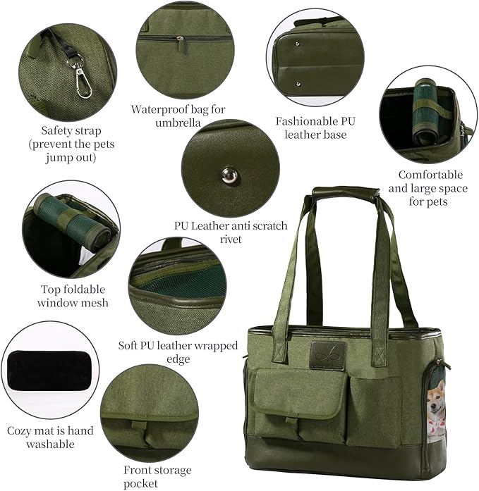 Dog Carrier, Cat Carrier, Pet Carrier, Foldable Waterproof Premium Oxford Cloth Dog Purse, Portable Bag Carrier for Small to Medium Cat and Small Dog（Green）