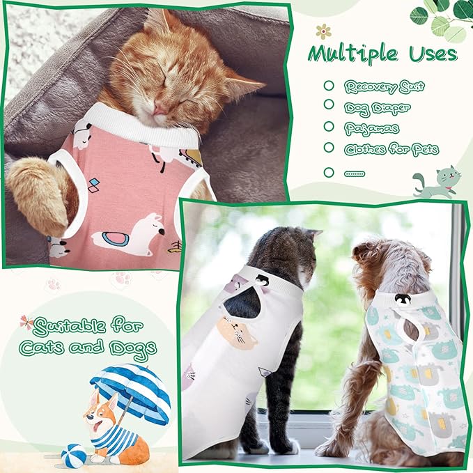 Nuanchu 3 Pieces Cat Recovery Suit Kitten Recovery Suit E-Collar Alternative for Cats and Dogs Abdominal Skin Anti Licking Pajama Clothes Sets(Cute Pattern,Large)