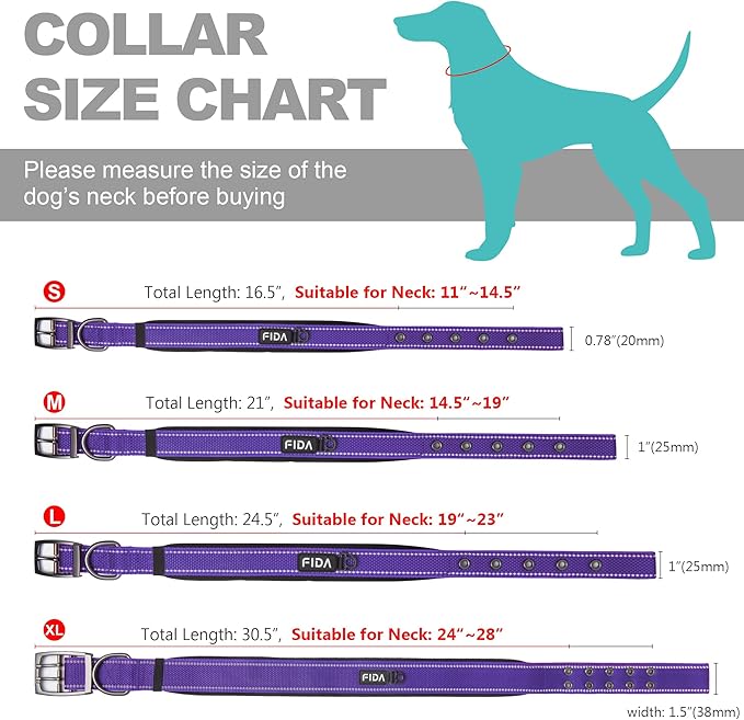 Fida Heavy Duty Dog Collar, Ultra Comfortable Soft Neoprene Padded, Adjustable Reflective Nylon Pet Collar with Durable Metal Belt Buckle for Small Breeds (S, Purple)
