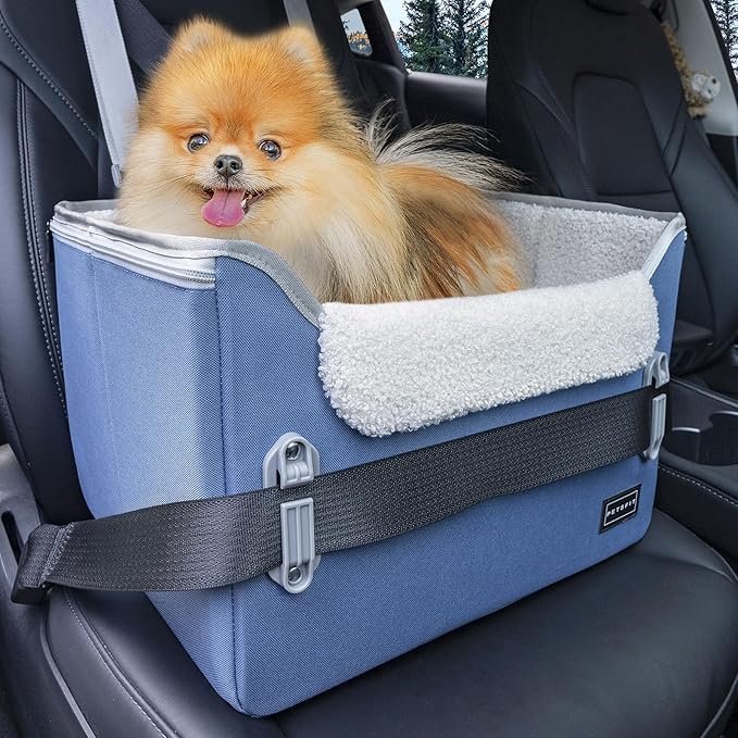 PETSFIT Small Dog Car Seat, Patent Safe Buckles Dog Booster Car Seat, Puppy Car Seat with Safety Belt, Suitable for Small Pets Up to 25lbs (Navy Blue)