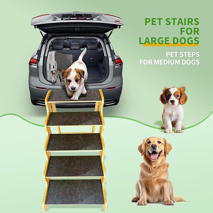 Dog Stairs for Large/Oldder Dogs,4 Steps Bamboo Wooden Pet Ramp for High Beds, Cars & Couch Sofa - Supports Dog Up to 160 LB,20-inches High