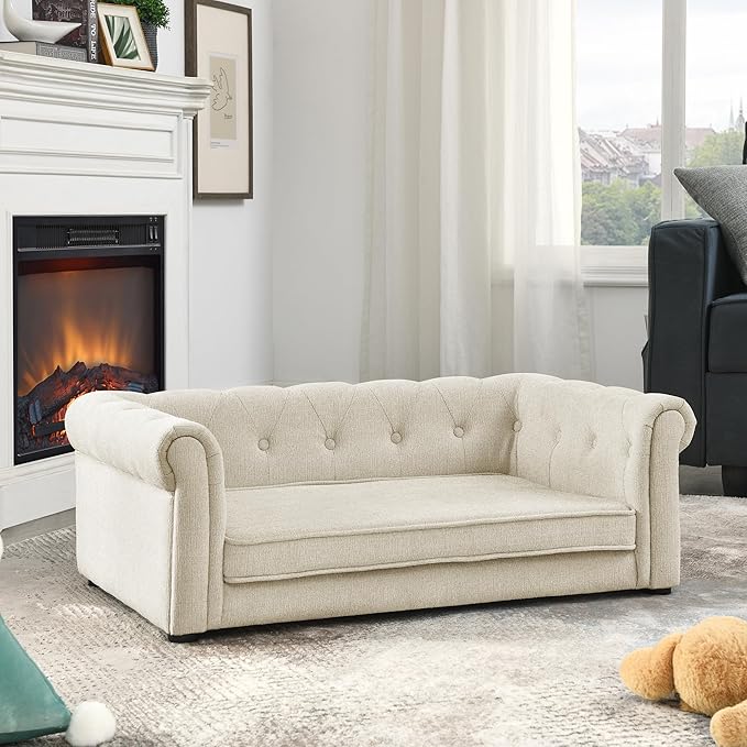 Dog Sofa Couch for Medium to Large Dogs, 31" Memory Foam Dog Couch with Washable Fabric, Removable Cushion, Sofa Bed for Medium and Large Dogs, Beige