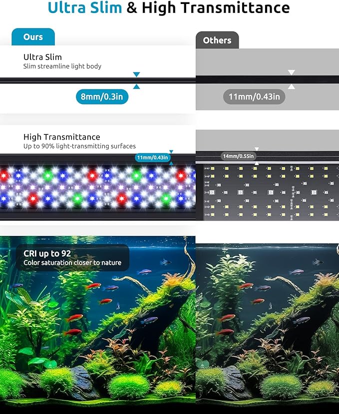 Aquarium Plant Light, 24/7 Programmable, Power-Off Memory, 7-Row LED 18-24in SEAOURA Full Spectrum Fish Tank Lights, 8 Colors, 20 Brightness Dimmable, Day & Night Cycle, Adjustable Bracket