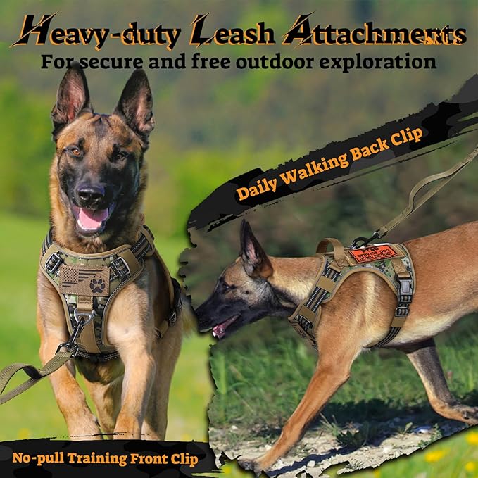 rabbitgoo Dog Harness Medium Sized No Pull, Tactical Service Pet Vest with Molle and Control Handle, Adjustable and Reflective Military Harness for Easy Walking and Training, Brown camo, M